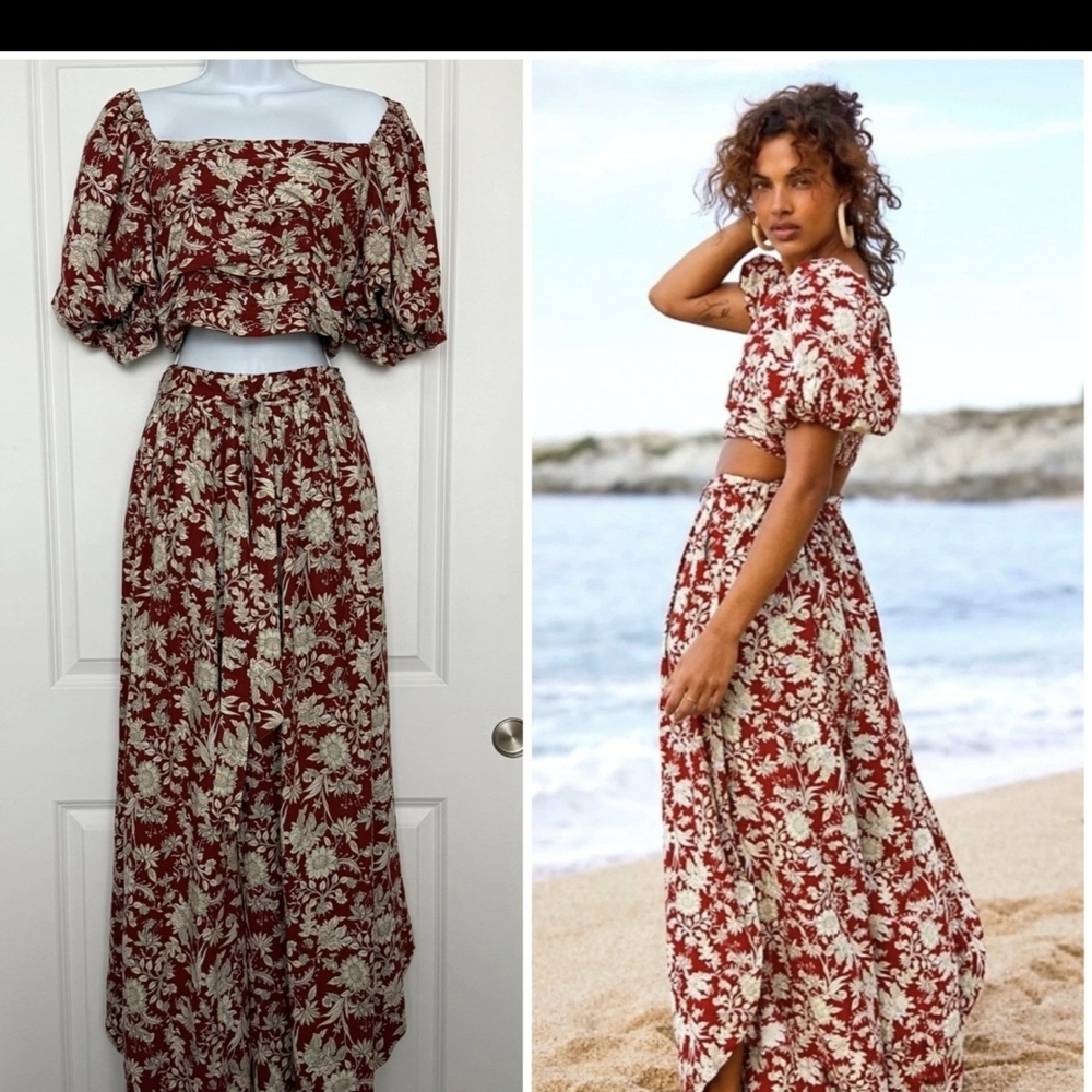 Free People Sunday Linen Floral Red and White Women's Pants Set Large